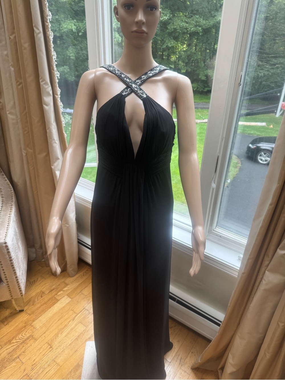 Black Chiffon Halter Evening Gown with Crystal Cross-Strap